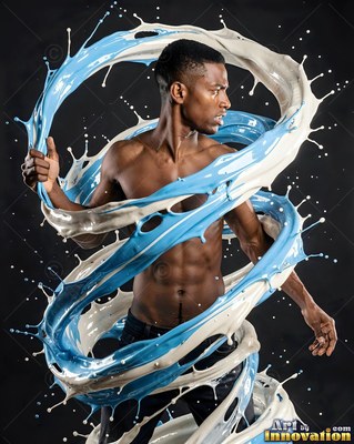 Turned sideways in a dark studio, a shirtless man is encircled by blue and white splashes