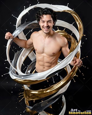 Smiling mid-motion, a shirtless man is circled by splashing white and gold liquids
