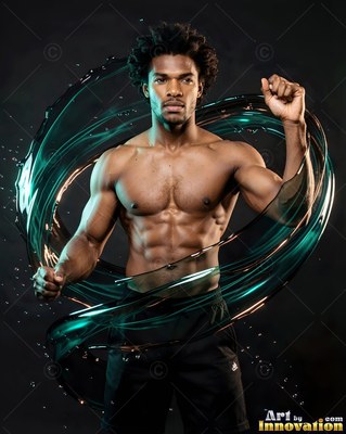 Muscular shirtless man surrounded by swirling green water