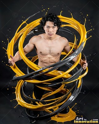 Facing forward in a dark studio, a shirtless man is encircled by yellow liquid rings