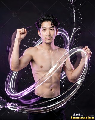 A shirtless man posing with rings of light and splashing water curving around him