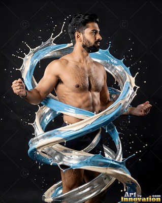 Posing shirtless, a bearded man is encircled by spirals of blue and white liquid