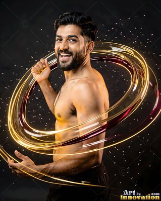 Smiling shirtless man with gold and red light rings around him