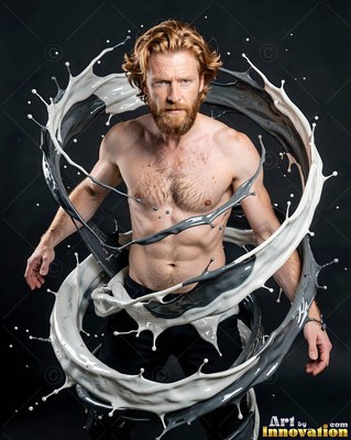 A shirtless red-haired man is standing as ribbons of gray and white liquid swirl around his torso
