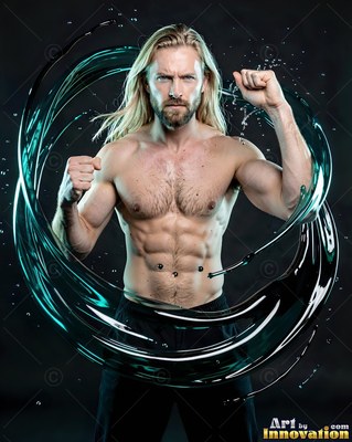 Facing forward in a dark studio, a muscular man raises his fists within swirling water
