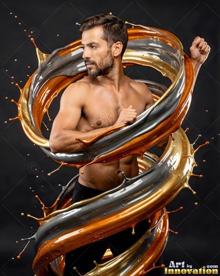 In a dark studio, a shirtless man is encircled by thick swirls of gold and gray paint