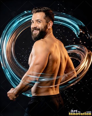 Looking back with a smile, a shirtless man is circled by curved blue water splashes