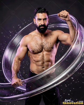 Wearing black pants in a dark studio, a muscular bearded man holds clear swirling water rings