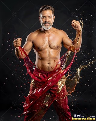 A shirtless man raises his fists as deep red and gold liquids splash past him