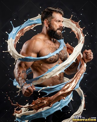 A muscular bearded man stands in a dark studio wrapped in swirling blue and brown paint