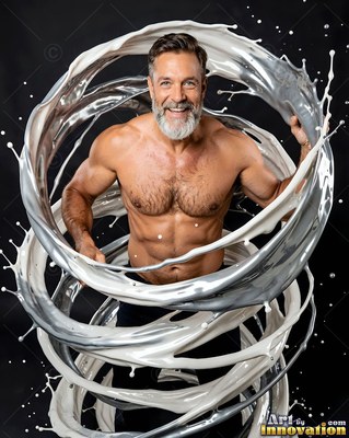 In a dark studio, a shirtless smiling man is circled by swirling white paint