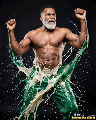 A muscular older man flexes his arms as green liquid and white cream splash from his waist
