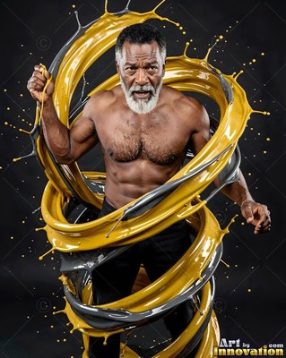 Standing in a dark studio, a shirtless man is ringed by yellow paint swirls