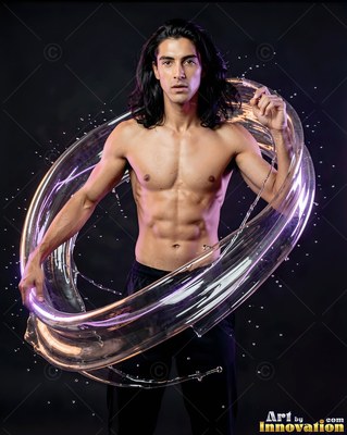 A shirtless man standing inside a frozen ring of clear water against a dark wall