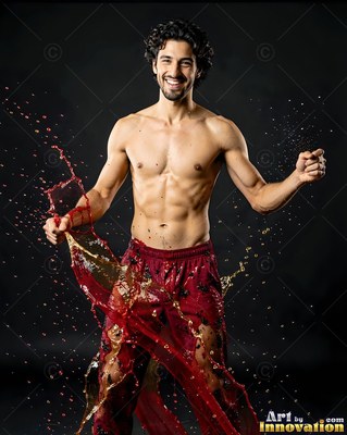 In a dark studio, a shirtless man smiles as red liquid splashes past him