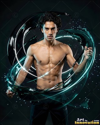Curly dark hair frames a shirtless man surrounded by swirling teal fluid in a dark studio