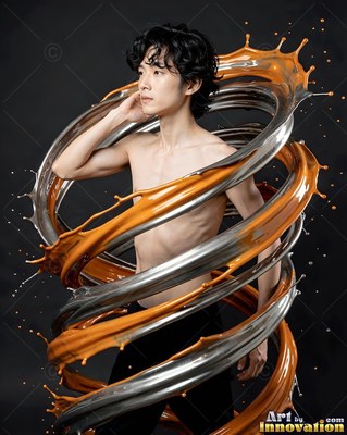 Turned sideways in a dark studio, a man is ringed by orange and silver liquid splashes