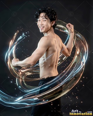 A smiling shirtless man flexing his arms with clear water looping around him