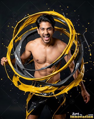 Shouting mid-motion, a shirtless man is encircled by rings of yellow and gray paint