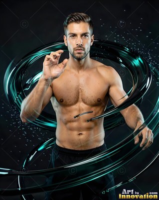 Facing forward in a dark studio, a shirtless man is standing inside swirling teal ribbons