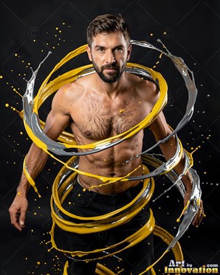 Standing still, a shirtless man is circled by swirls of yellow and silver liquid paint
