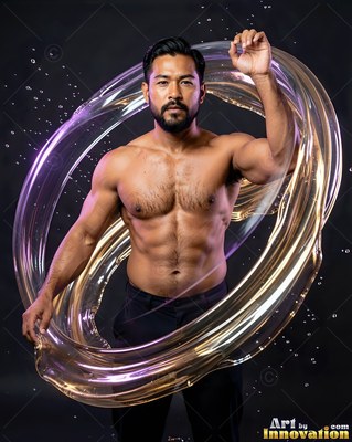 Shirtless bearded man standing inside a clear water ring