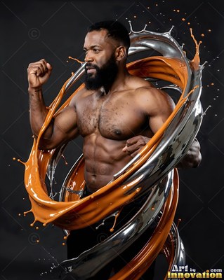 In a dark studio, a muscular man stands circled by orange and silver liquid splashes