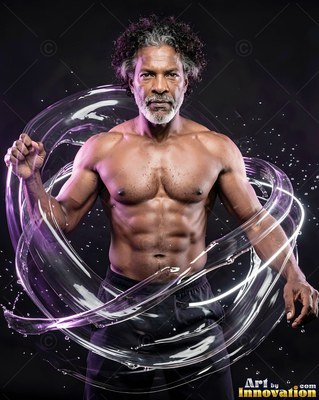 Curly gray hair tops a shirtless man standing inside loops of swirling water in a dark room