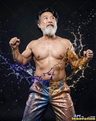 A shirtless older man pumps his fists as gold and purple water splashes him