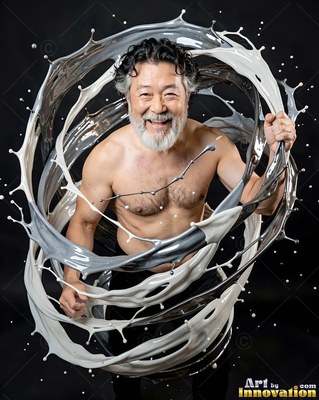 In a dark studio, a smiling bare-chested man is circled by splashing gray paint