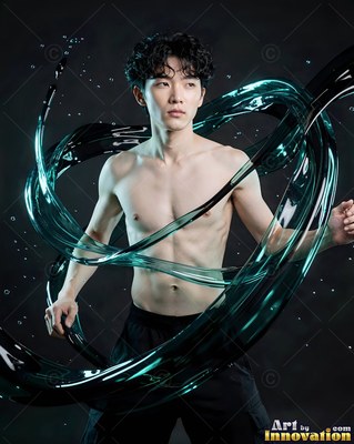 Standing shirtless, a slender man is circled by loops of dark teal water