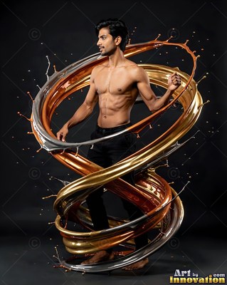 Bare-chested in black pants in a dark studio, a man stands encircled by silver and gold liquid