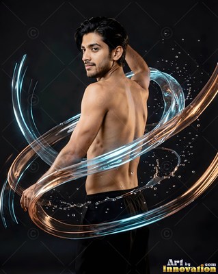 A shirtless man looks back over his shoulder as curved ribbons of light blue water wrap around him