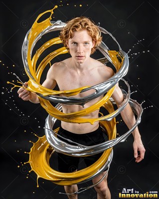 A shirtless red-haired man stands inside swirling rings of yellow and silver liquid