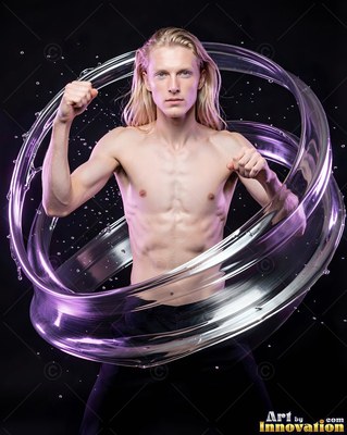 In a dark studio, a shirtless blond man poses inside swirling water rings