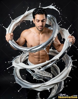 A shirtless man holds a spiraling loop of silver and white liquid against black