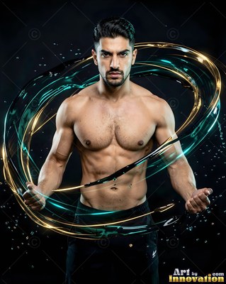 Facing forward in a dark room, a shirtless man flexes inside rings of teal liquid