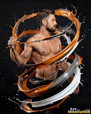 In a dark studio, a shirtless man is encircled by rings of orange and gray liquid