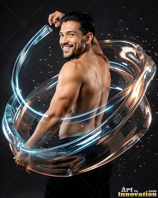 Smiling over his shoulder, a shirtless man is standing inside swirling loops of clear water