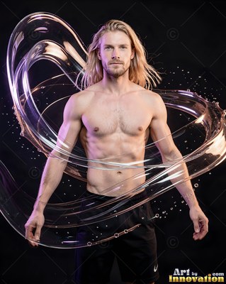 A shirtless blond man stands as loops of clear water swirl around him in warm studio light