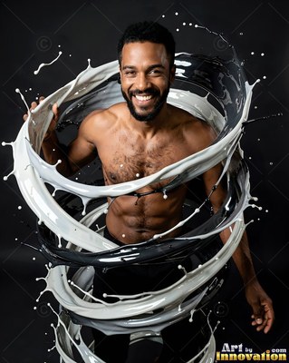 Smiling broadly, a shirtless man is encircled by swirling black and white paint splashes
