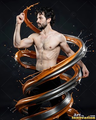 A shirtless man stands with ribbons of thick liquid swirling around him in glossy orange and silver