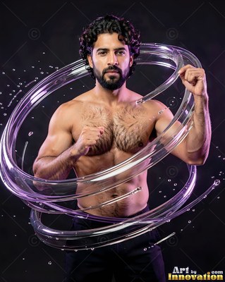 In a dark studio, a shirtless man poses inside rings of clear water splashes