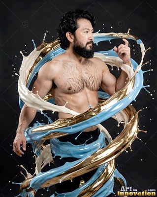 Shirtless bearded man wrapped in swirling blue and gold liquid splashes
