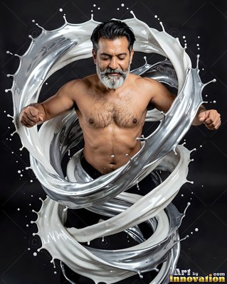 A shirtless man stands as swirls of white and silver liquid spiral around his body