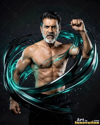 Facing forward in a dark studio, a shirtless man stands circled by teal streaks