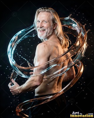 In a dark studio, a shirtless man smiles as clear water splashes around him