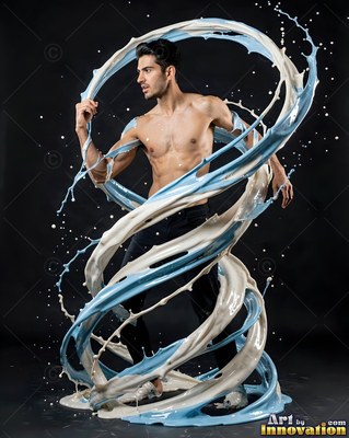 A shirtless man poses as swirling ribbons of white and pale blue liquid splash around him in studio light