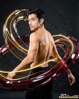 Turned sideways in a dark studio, a shirtless man is encircled by red fluid ribbons