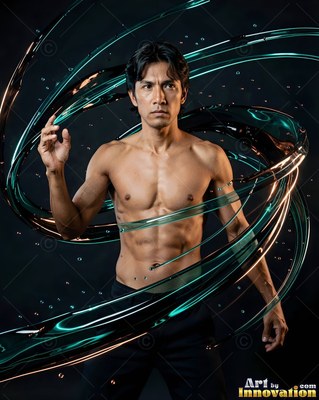 Standing shirtless, a muscular man is encircled by ribbons of dark green water